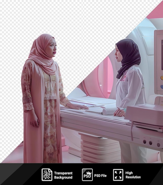 PSD psd picture colleagues discussing mri results in a hospital room with a white bed and pink wall in the background while a woman with long black hair and a pink scarf looks on png