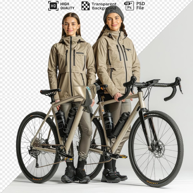 PSD Фото с двумя кавказскими велосипедистами на велосипедах, стоящими рядом друг с другом, один в коричневом пиджаке и черных сапогах, а другой в черном сапоге.