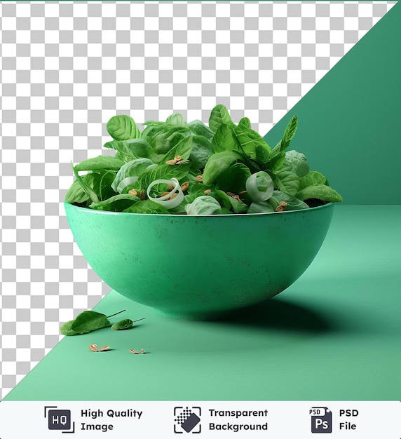 PSD psd picture crunchy bowl of salad on a green table against a green wall with a black shadow in the foreground