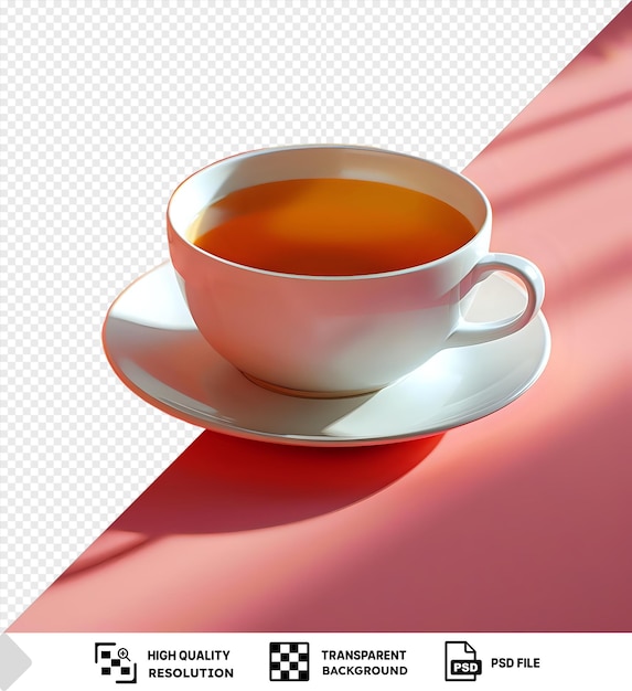 Psd-картина чашка черного чая на розовом столе с красной теней и белой ручкой