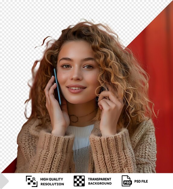 PSD psd picture curly haired young woman talking on the phone png psd