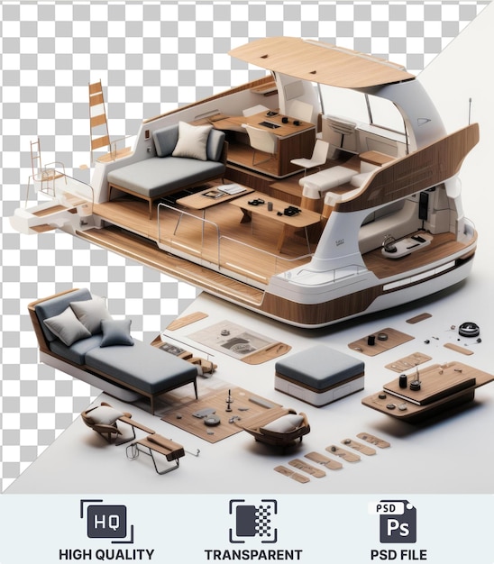 PSD disegno interno di yacht di lusso personalizzato con un divano grigio con cuscini bianchi e grigi una sedia bianca e un pavimento bianco