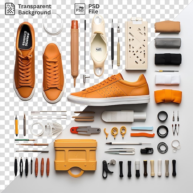 PSD psd picture custom sneaker design tools set displayed on a transparent background featuring a brown shoe orange shoe and black pen