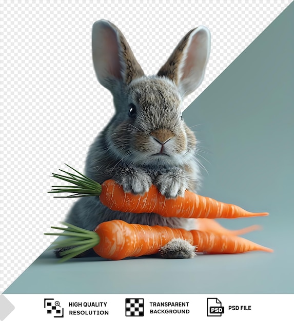 PSD psd изображение милый маленький кролик сидит на белом полу с несколькими оранжевыми морковими показывая свой розовый нос черный глаз и длинные белые усы
