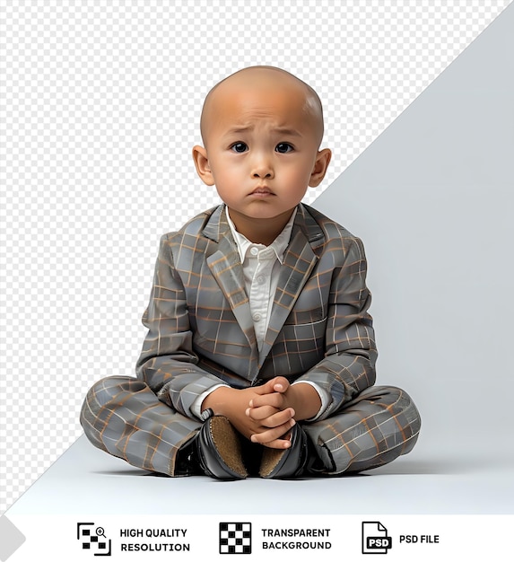 PSD psd picture a disheartened preschooler boy with bald hair from the west asian ethnicity dressed in consultant attire poses in a sitting with hands clasped style against a white wall wearing a png