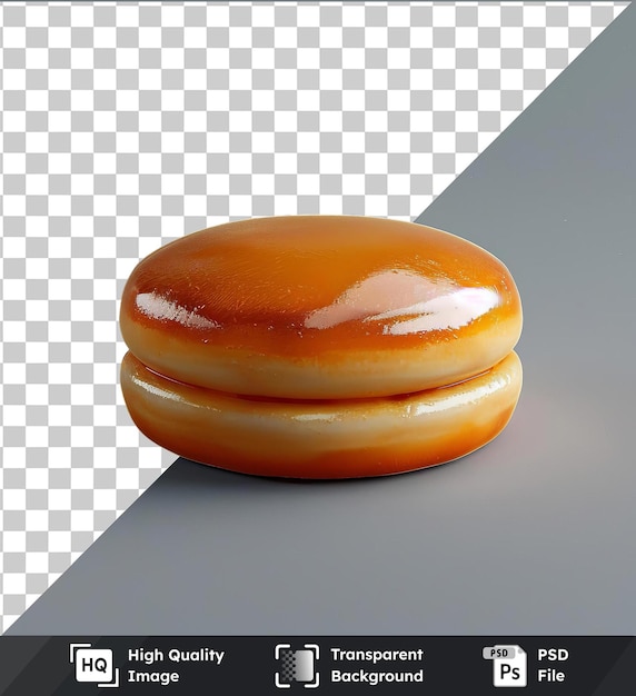 PSD psd picture dorayaki39s orange glazed donut sits on a gray table casting a dark shadow