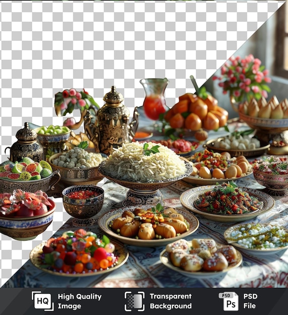 PSD イード・アル・フィトール (eid al-fitr) 祭りの伝統的な料理は赤い花とガラスの花瓶が付いている茶色の鉢で飾られたテーブルに展示されています