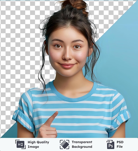 PSD psd изображение возбужденная азиатская женщина в синей полосатой рубашке, указывая на пустое пространство, стоящая над изолированной беззаботной женщиной, представляющей продукт с коричневыми волосами, носом и глазами и небольшой рукой, видимой в