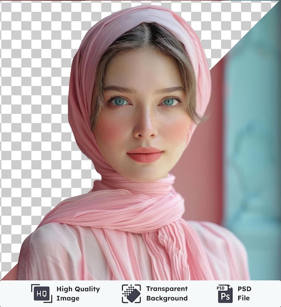 PSD psd picture fashi wearing a pink scarf stands in front of a pink wall her face with blue eyes a small nose and brown eyebrows is visible as well