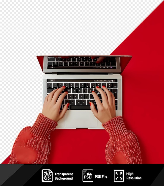 PSD psd picture female hands typing on the laptop keyboard in front of a red wall with a red cuff visible on the left and a black keyboard on the right png psd