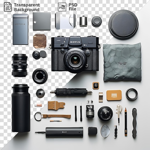 Psd picture film photography and darkroom set up on a transparent background with a variety of cameras including a black camera a silver and black camera a black pen and a black