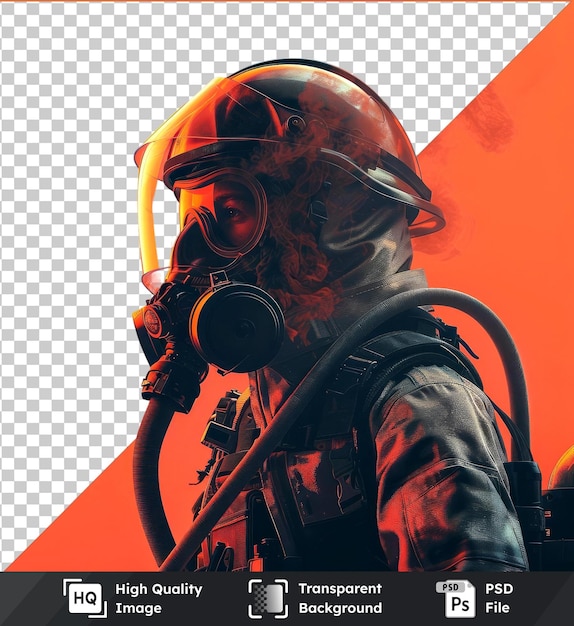 Psd picture of a firefighter in black helmet with gun strap orange wall background