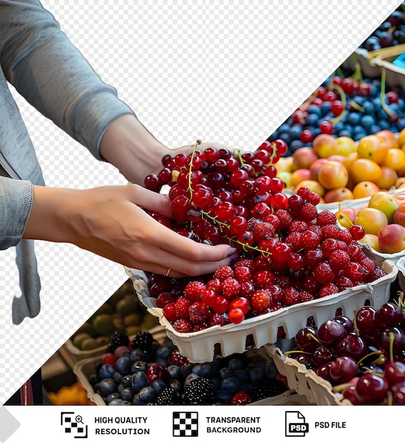 PSD il negozio di frutta psd offre una varietà di frutta in vendita, comprese le ciliegie rosse come si vede nell'immagine con una mano che tiene un cesto bianco e una persona grigia sullo sfondo png psd