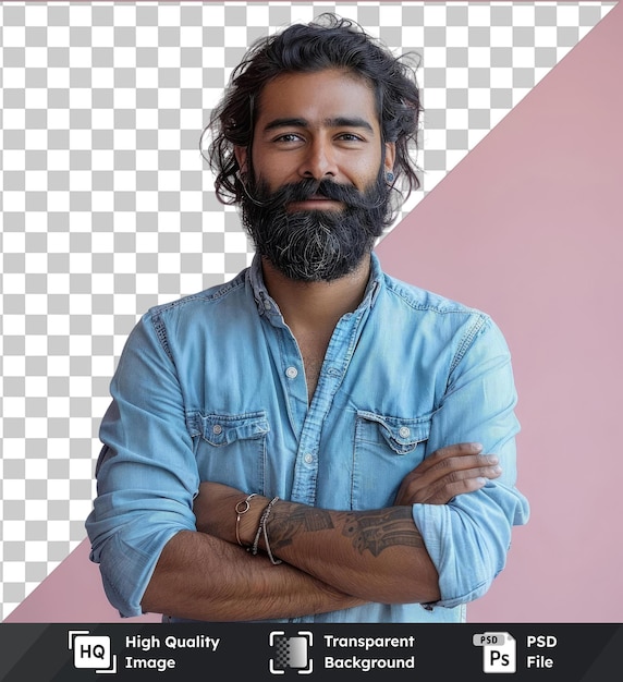 PSD 写真素材  幸せな若いひげを生やしたインド人男性青いシャツを着て手を握り交差したスタジオ・ポートレート 人々の感情