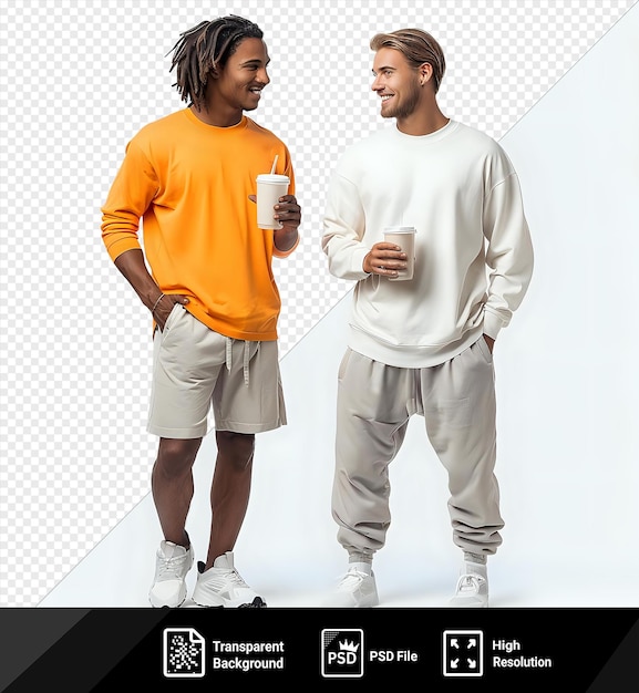 Psd picture ginger guy with drink and dark haired guy after running on a isolated background png