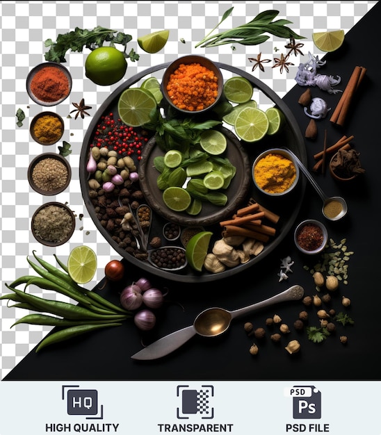 PSD psd picture gourmet thai cooking ingredients set a colorful assortment of bowls and utensils including green limes purple onions and a silver spoon arranged on a black