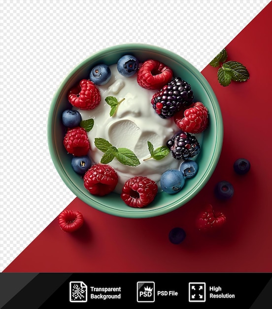 PSD Зелёная миска с греческим йогуртом и свежими ягодами сверху на красном фоне png
