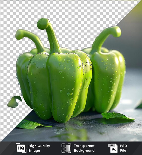 PSD psd picture green peppers with water droplets on a table accompanied by a green leaf