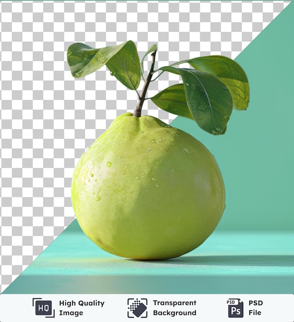 PSD psd picture green quince fruit on a blue table surrounded by green leaves