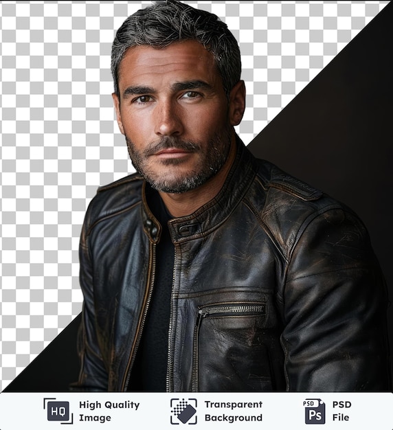 Psd picture handsome elegant man leather jacket fashion casual wear studio portrait of a man with