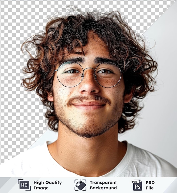 PSD psd picture happy curly student with glasses isolated on transparent background