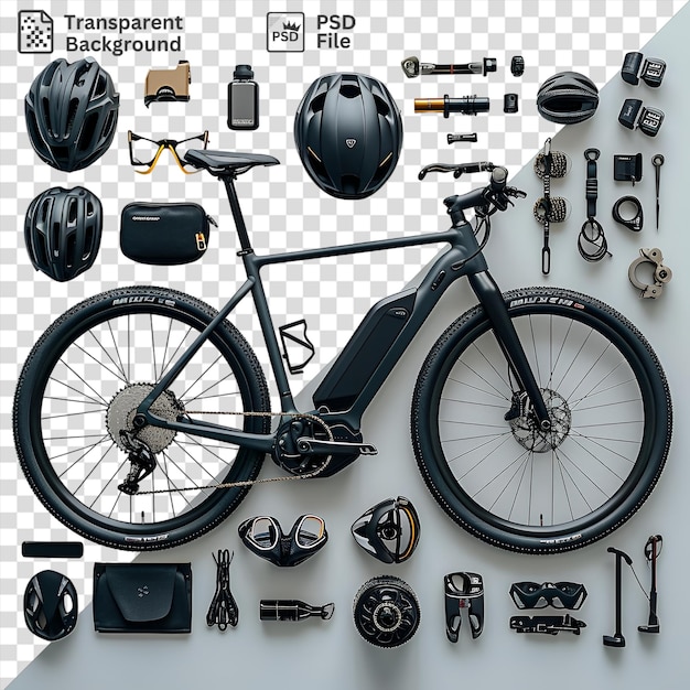 PSD psd picture high performance electric bike and accessories set displayed on a white wall featuring a black seat and tire