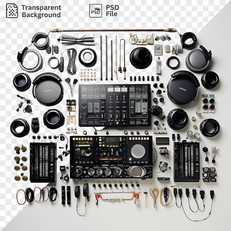 PSD psd картинка высокотехнологичная электронная музыка dj оборудование комплект с черными наушниками белая и черная клавиатура и серая и черная мышь