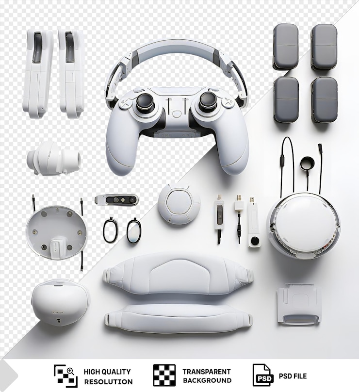 PSD psd picture high tech virtual reality gaming setup set featuring a transparent background silver and gray headphones and a gray and white mouse