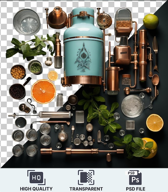 PSD psd picture home distilling and spirits making set con una varietà di agrumi tra cui arance, limoni e lime esposti su un tavolo nero accanto a una bottiglia blu