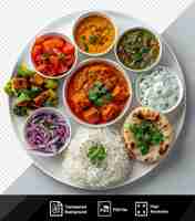 PSD Индийская кухня подается на белой тарелке с белым рисом, сопровождаемым разнообразными красочными овощами, включая зеленую брокколи, красный и фиолетовый лук и белую миску.
