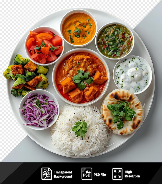 Cucina indiana servita su un piatto bianco con riso bianco accompagnata da una varietà di verdure colorate tra cui broccoli verde cipolle rosse e viola e una ciotola bianca png psd
