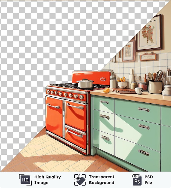 PSD psd picture kitchen artwork featuring a green and white cabinet with silver handles a white drawer and a silver pot on a white countertop the kitchen also includes a silver toaster a