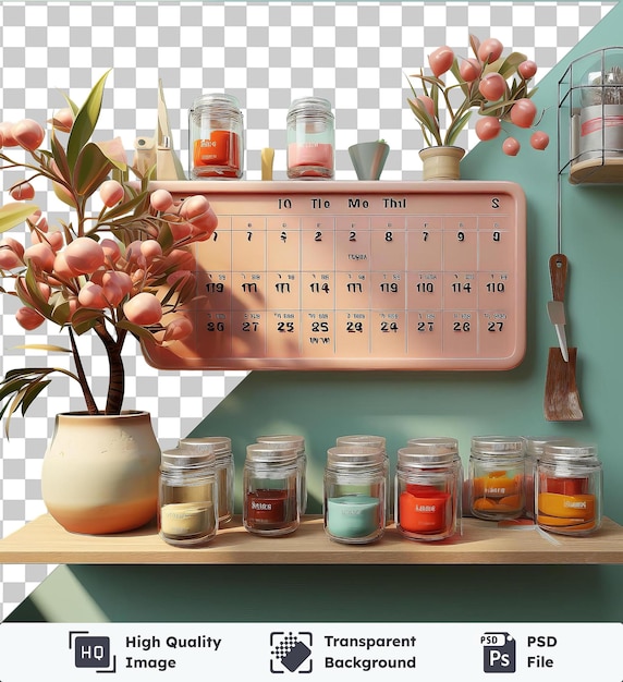 Calendario da cucina in psd visualizzato su uno scaffale di legno adornato con un vaso bianco e un fiore rosa contro una parete blu con una maniglia di legno marrone visibile in primo piano