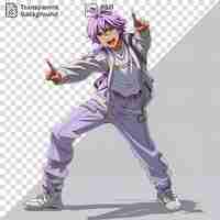 PSD psd picture kotaro tatsumi from zombie land saga wearing purple pants and a purple belt with purple hair and a purple face is seen with an open hand and a white