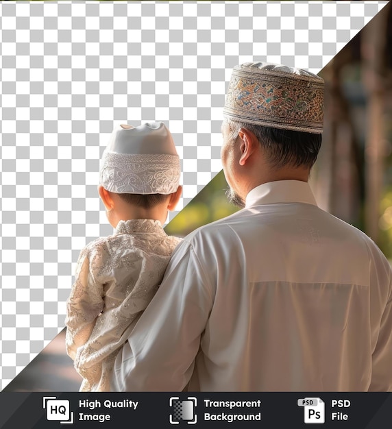 PSD psd picture little boy with his father back view of a man wearing a white shirt and hat with short brown hair and a small ear visible