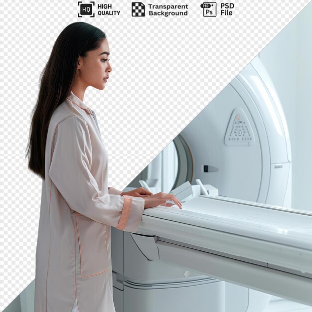 PSD psd picture longhaired doctor preparing mri scanner for work with a white wall in the background and her hand visible while her brown long hair falls over her shoulder png psd