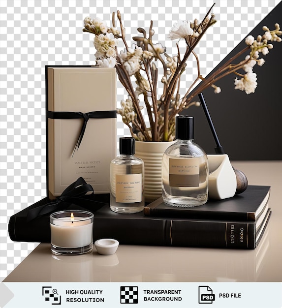 Psd picture luxury home fragrance and aromatherapy set displayed on a transparent background with a black book white candle and black and white box nearby against a black wall