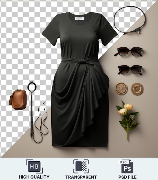 PSD abbigliamento di maternità di lusso e oggetti essenziali set con un vestito nero occhiali da sole neri e marroni una moneta d'oro e un fiore bianco contro una parete bianca
