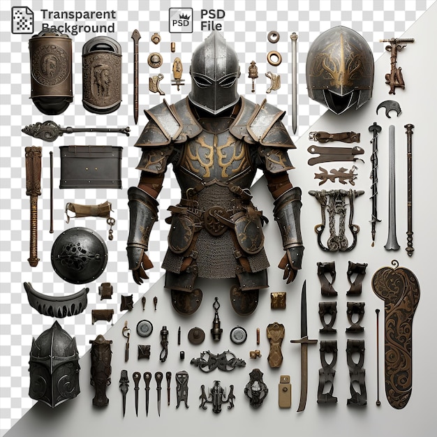 PSD armatura medievale e raccolta di armi esposte su una parete bianca accompagnate da un orologio in metallo e argento un braccio marrone e una spada in argento e metallo