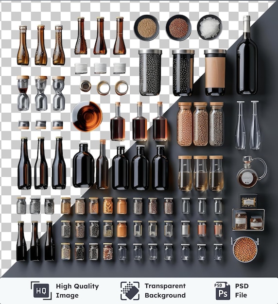 PSD set di degustazione di birra microbrew con una varietà di bottiglie tra cui una bottiglia nera una bottaglia di vetro una bottiglie marrone e una bottiglio di vetro e marrone visualizzato contro un nero
