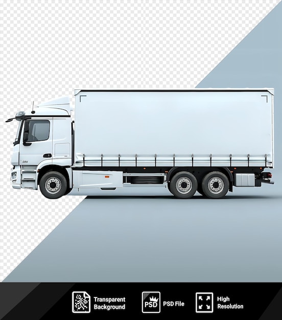 PSD psd picture mockup of a white truck with black tires and a white door against a blue sky png psd