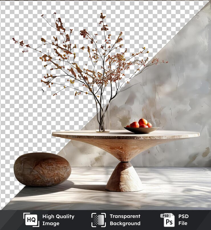 PSD psd picture of a natural stone table with apples against a gray wall tree in the background white