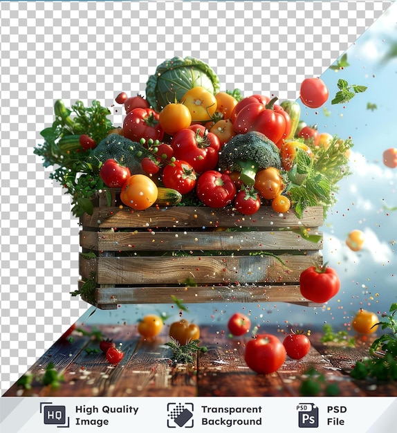 PSD psd изображение красочных фруктов и овощей в деревянной коробке, летящих против голубого неба с облаками