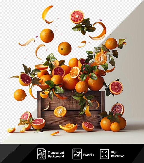 PSD psd picture oranges and tangerines flying in a wooden box against a white wall png psd