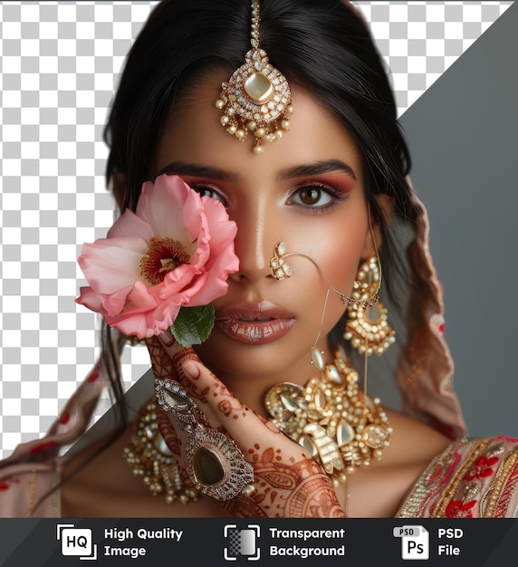 PSD psd picture photo of gorgeous indian woman with makeup wearing ethnic jewelry and traditional silk dress posing at camera with flower in her hair