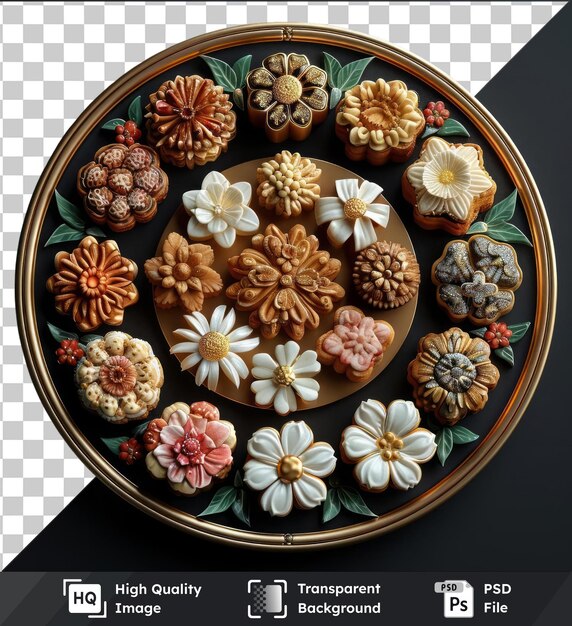 Psd picture plate of kue lebaran for eid al fitr adorned with a variety of flowers including white brown pink and small white flowers placed on