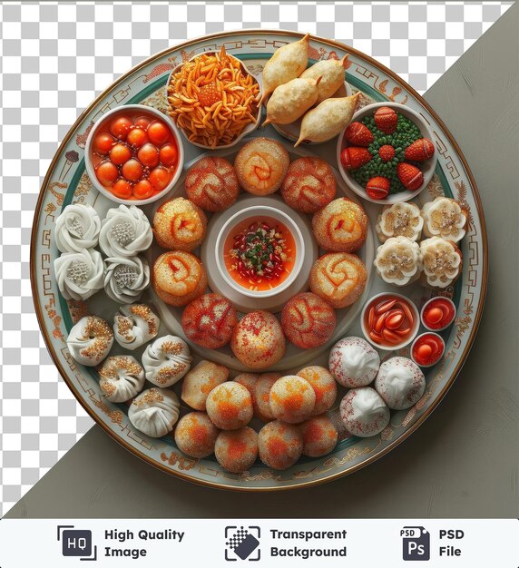 PSD psd picture plate of pempek for eid al fitr featuring a variety of foods including a red tomato a white bowl and a small white bowl