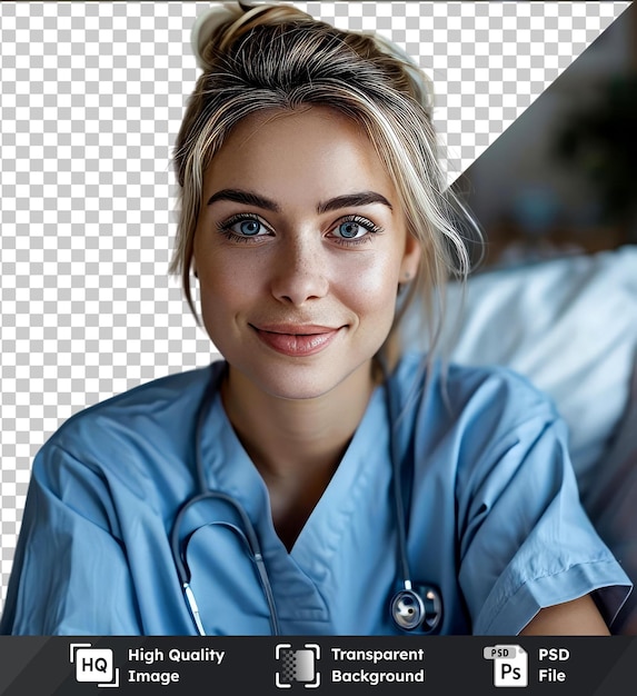 Psd picture portrait of caucasian female nurse looking at the camera and smiling medical careat home during covid 19 coronavirus quarantine