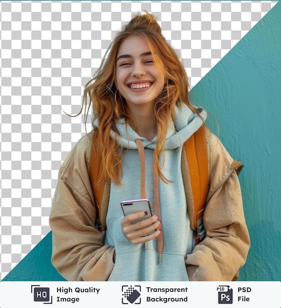 PSD Портрет счастливой молодой женщины, смеющейся с рюкзаком и мобильным телефоном перед голубой стеной