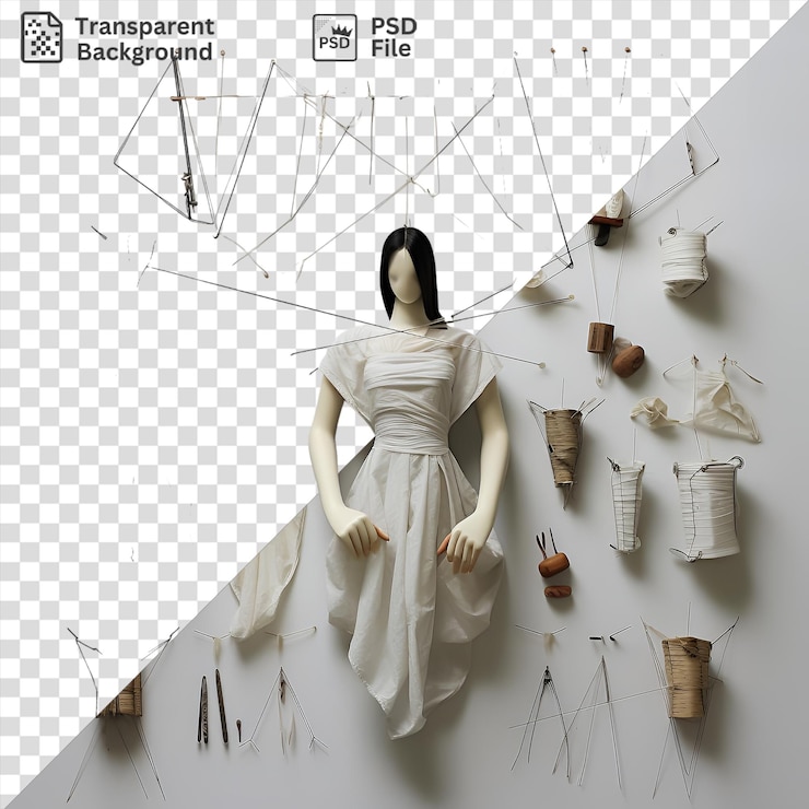 PSD psd picture puppet making and performing set up in front of a white wall with a white dress and black hair visible in the foreground and a white umbrella in the background